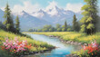 © MD NAZMUL HASAN - Summer landscape, flowers on the river bank with trees and mountains in the background, oil painting style illustration.