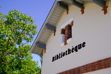 Sticker - bibliotheque facade sign french text on building means library on Village town Municipal bookcase in city center