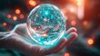 Human hand holding digital futuristic crystal glass orb