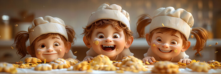 Wall Mural - A 3D animated cartoon render of happy children baking cookies.