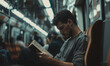 © Lucianastudio - guy reading a book in public train transport with a small crowd.
