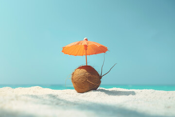 Wall Mural - Coconut fruit and tropical beach parasol Concept made from creative ideas, summer, vacation, travel