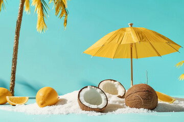 Wall Mural - Coconut fruit and tropical beach parasol Concept made from creative ideas, summer, vacation, travel