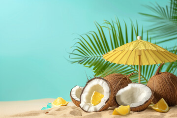 Wall Mural - Coconut fruit and tropical beach parasol Concept made from creative ideas, summer, vacation, travel