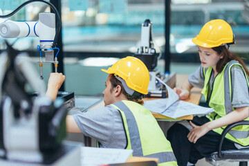 Wall Mural - trainees programing robotic arm in practical lesson at robotics academy, focusing on hands-on skills