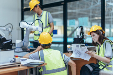 Wall Mural - trainees programing robotic arm in practical lesson at robotics academy, focusing on hands-on skills