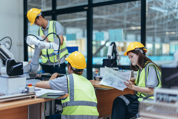 Wall Mural - trainees programing robotic arm in practical lesson at robotics academy, focusing on hands-on skills