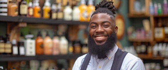 Man With Beard Standing in Front of Shelf of Liquor Bottles