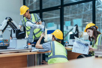 Wall Mural - trainees programing robotic arm in practical lesson at robotics academy, focusing on hands-on skills