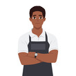 © Wigo Design - Handsome black man in grey apron standing with arms crossed. Flat vector illustration isolated on white background