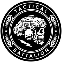 SKULL WITH A MILITARY HELMET BADGE TACTICAL BATTALION WHITE BLACK BACKGROUND