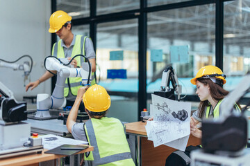 Wall Mural - trainees programing robotic arm in practical lesson at robotics academy, focusing on hands-on skills