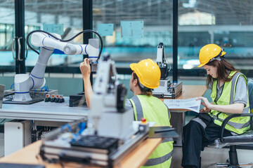 Wall Mural - trainees programing robotic arm in practical lesson at robotics academy, focusing on hands-on skills