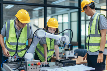Wall Mural - trainees programing robotic arm in practical lesson at robotics academy, focusing on hands-on skills