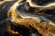 A close-up view of swirling gold and black liquids, blending together in a luxurious marbling pattern. 