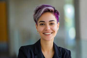 cool young woman with purple dyed short hair wearing black shirt portrait in modern office, diversity	
