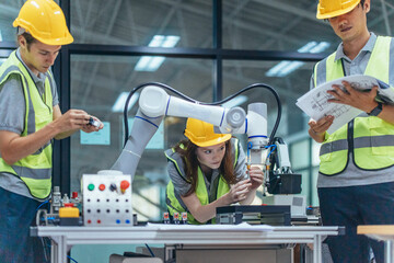 Wall Mural - trainees programing robotic arm in practical lesson at robotics academy, focusing on hands-on skills