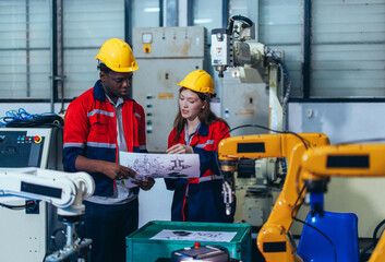 Wall Mural - trainees programing robotic arm in practical lesson at robotics academy, focusing on hands-on skills