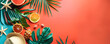 Top view flat lay of a summer background featuring starfish, oranges, beach hat, glasses, and palm leaves. A red summer composition with space for copy or text.