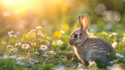 Wall Mural - Rabbits. Beauty Art Design of Cute Little Easter Bunny in the Meadow. Spring Flowers and Green Grass. Sunbeams.