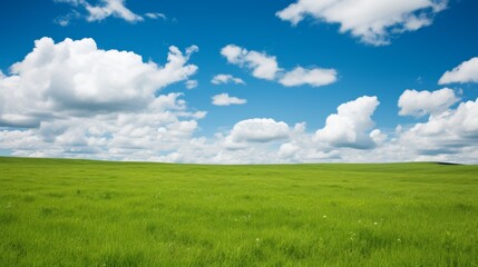 Wall Mural - Scenic view of barren green plain and bright blue sky with white clouds, landscape composition