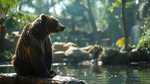 Grizzly Bear On Zoo After Swimming Photo AI Image Generative