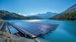 Large solar cells in a reservoir A view of a tranquil lake surrounded by towering mountains. Capture the beauty of the natural landscape