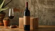 A serene still life captures a wine bottle with a rustic burlap label, alongside a filled glass, cork, and cardboard box, all set against a backdrop hinting at sustainable living.