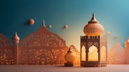 Wall Mural - Ramadan kareem and eid fitr islamic concept background illustration with shining lantern, stars and ornament in paper cutting style 3D for wallpaper, greeting card and flyer.