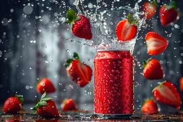 Poster - Splashing strawberry drink in red can with fresh berries flying around, conveying vitality and freshness, Concept of summer refreshment and fruit-flavored beverages.