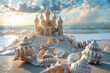 A beach with a sandcastle decorated with seashells