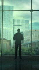 Wall Mural - the businessman stands with his back in front of the viewer, 3d render.