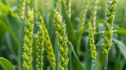 Close-up photo of a green ears of wheat with a drops of a morning dew on an agricultural field. Refreshing dewdrops embrace the lush wheat.