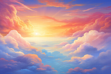 Wall Mural - Heavenly sky, Sunset above the clouds abstract illustration, Extra wide format, Hope, divine, heavens concept