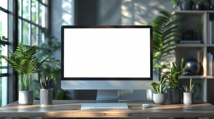 Showcasing design and web content, an elegant computer monitor mockup with a blank screen in a pristine white office setting.