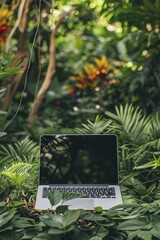 laptop mockup outdoors amid greenery, perfect for nature-inspired website and app displays.