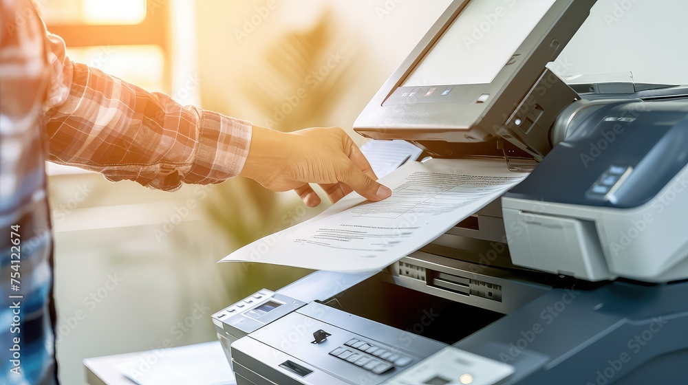 Man in office with printer. The man in the office, making printouts ...