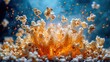 A cinematic portrayal of popcorn eruption, artistically lit against a vibrant blue background, stock photography ai generative image