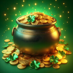 Pot of gold, gold coins, Shamrock leaves, isolated on a  green background, St. Patrick’s Day,
