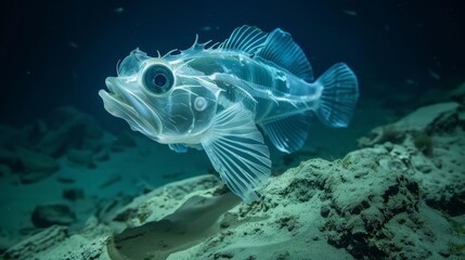 Wall Mural - Alien-like deep-sea fish with translucent skin near a hydrothermal vent