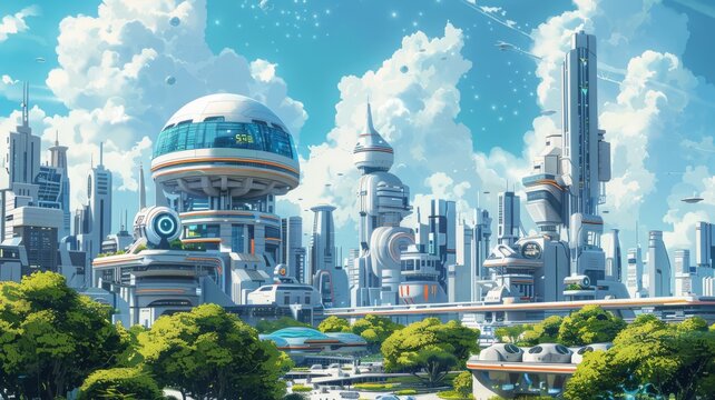 An illustration of a futuristic city where augmentation and automation are at the core of urban development, showcasing a new era of investment and growth