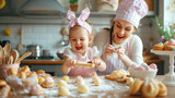 Fototapeta  - A mother and child engaged in an Easter-themed baking session, surrounded by delicious treats and a messy kitchen
