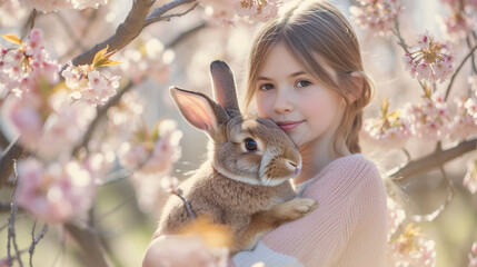 Wall Mural - With a frisky rabbit in tow and cherry blossoms in the background, a teenage girl perfectly captures the spirit of a joyous Easter celebration