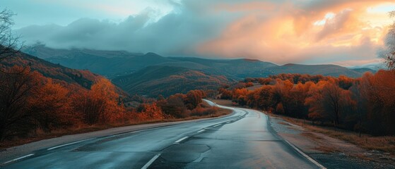 Poster - Scenic Autumn Drive at Sunset with Vibrant Foliage