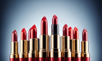 Close-up of red lipsticks displayed on a round podium with blurred background