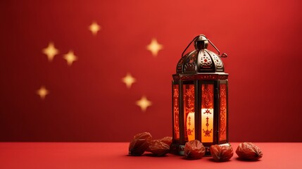 Wall Mural - Traditional ramadan decor: illuminated muslim lantern with candle and dates on vibrant red background
