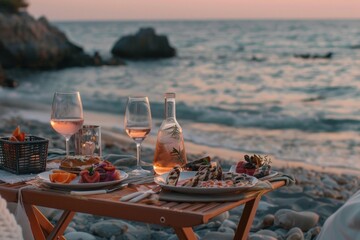 Wall Mural - Romantic summer evening beach dinner. Couple immersed in love, indulging in sunset dinner on the beach, elegantly arranged with sumptuous delicacies and rose wine.