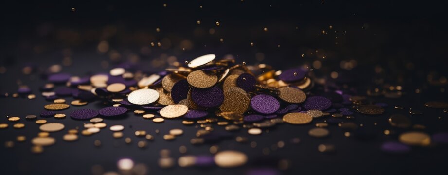 Abstract background with bokeh lights and glitter, in the style of purple and gold colors. Abstract light effects on a dark blurred background. A New Year concept. 8k, a real photo, high resolution, u