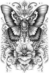 Wall Mural - Elegant moth tattoo design, vintage decor. Sketch