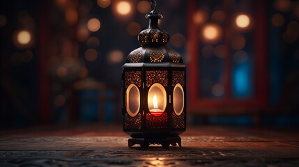 Wall Mural - Exquisite ornamental arabic lantern illuminated by a warm glowing candle - cultural and religious symbolism captured in a stunning image

